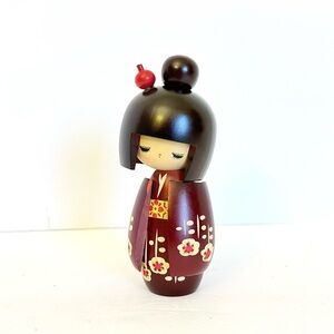 Japanese Sosaku Kokeshi Wooden Doll Hand-Painted Floral Kimono